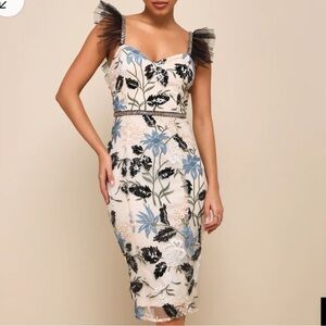 Lulu's Cream Midi Dress with Blue & Black Floral Embroidery